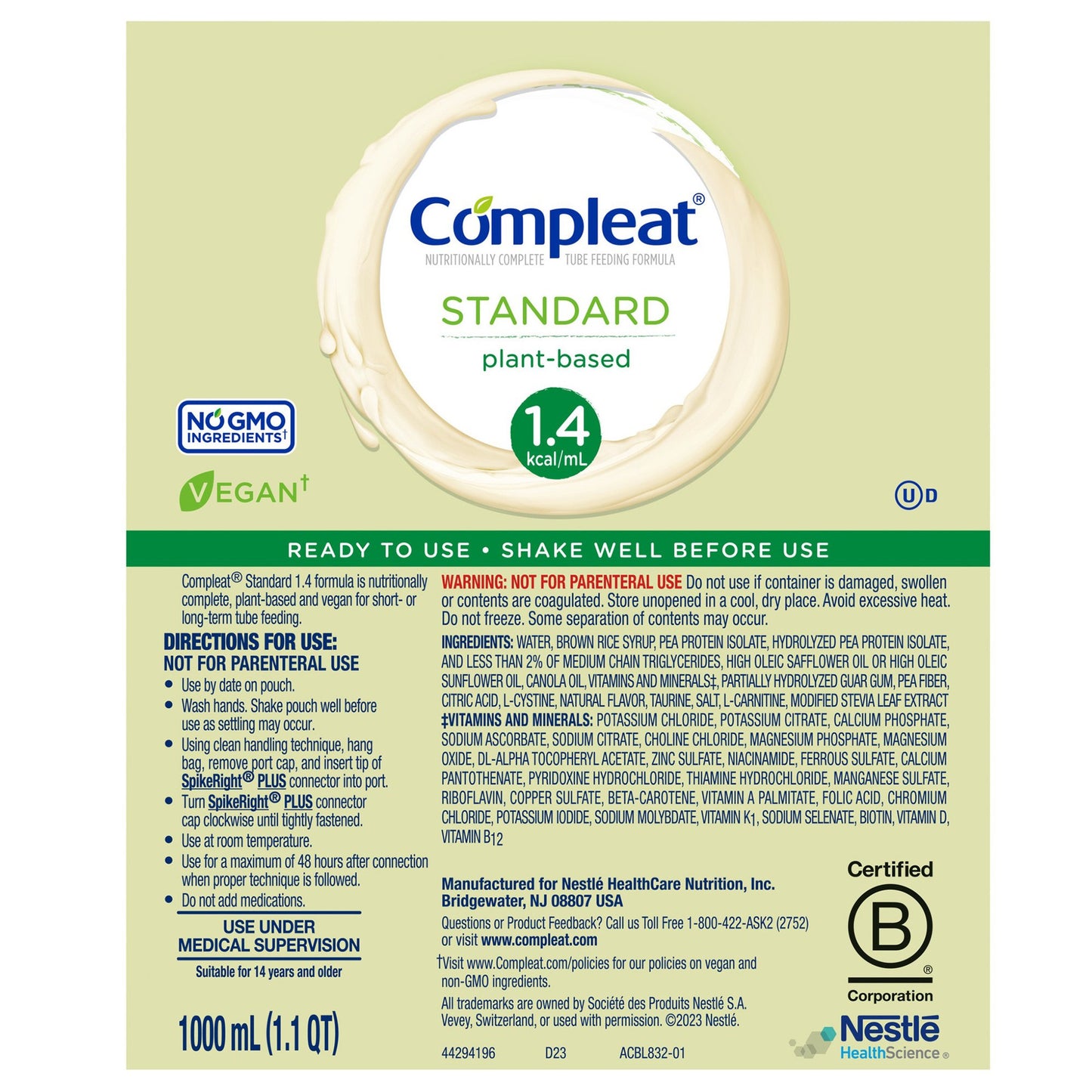 Compleat® Standard 1.4 Cal Tube Feeding Formula Vanilla Flavor Liquid 1000 mL Ready to Hang Prefilled Container (1207052_EA)