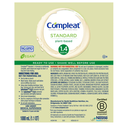 Compleat® Standard 1.4 Cal Tube Feeding Formula Vanilla Flavor Liquid 1000 mL Ready to Hang Prefilled Container (1207052_EA)