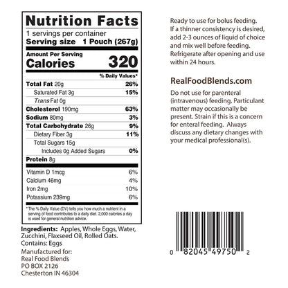 Real Food Blends® Tube Feeding Formula Apples, Whole Eggs, Water, Zucchini, Falxseed Oil, Rolled Oats (Oats are certified gluten-free.) Liquid 9.4 oz. Pouch (1079120_CS)