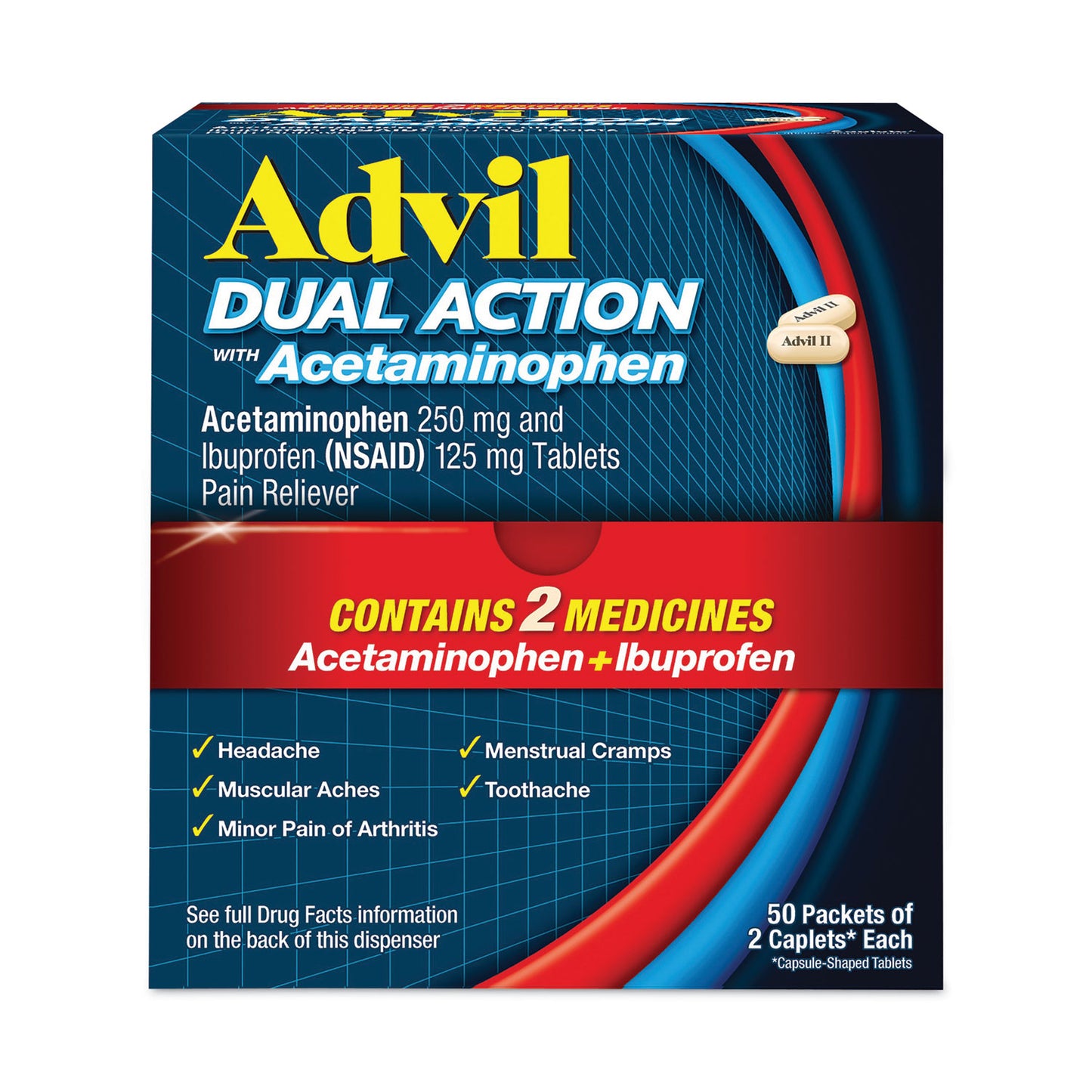 Advil® Dual Action with Acetaminophen and Ibuprofen Caplets, 50 Packets of 2 Caplets (AVL014795)