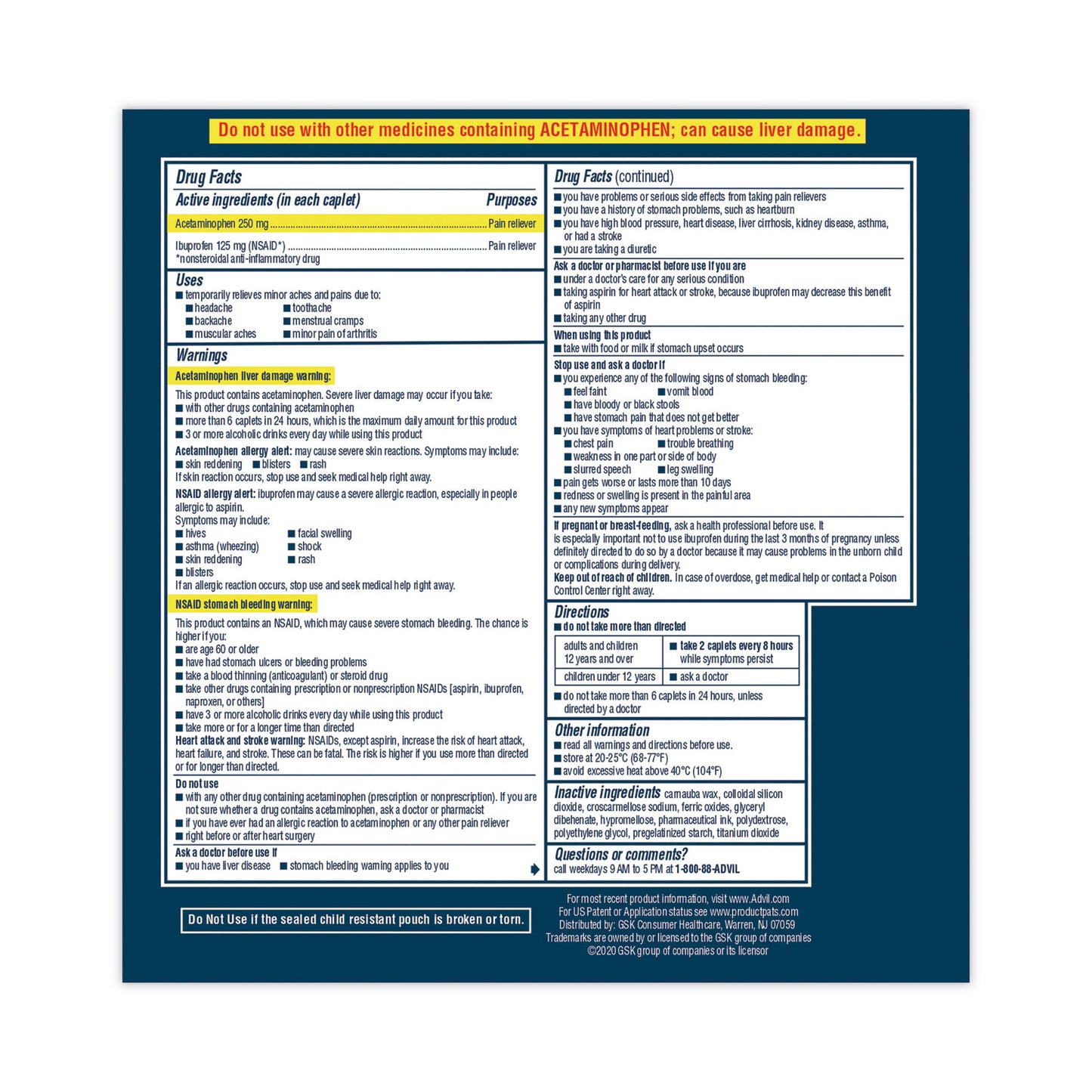 Advil® Dual Action with Acetaminophen and Ibuprofen Caplets, 50 Packets of 2 Caplets (AVL014795)