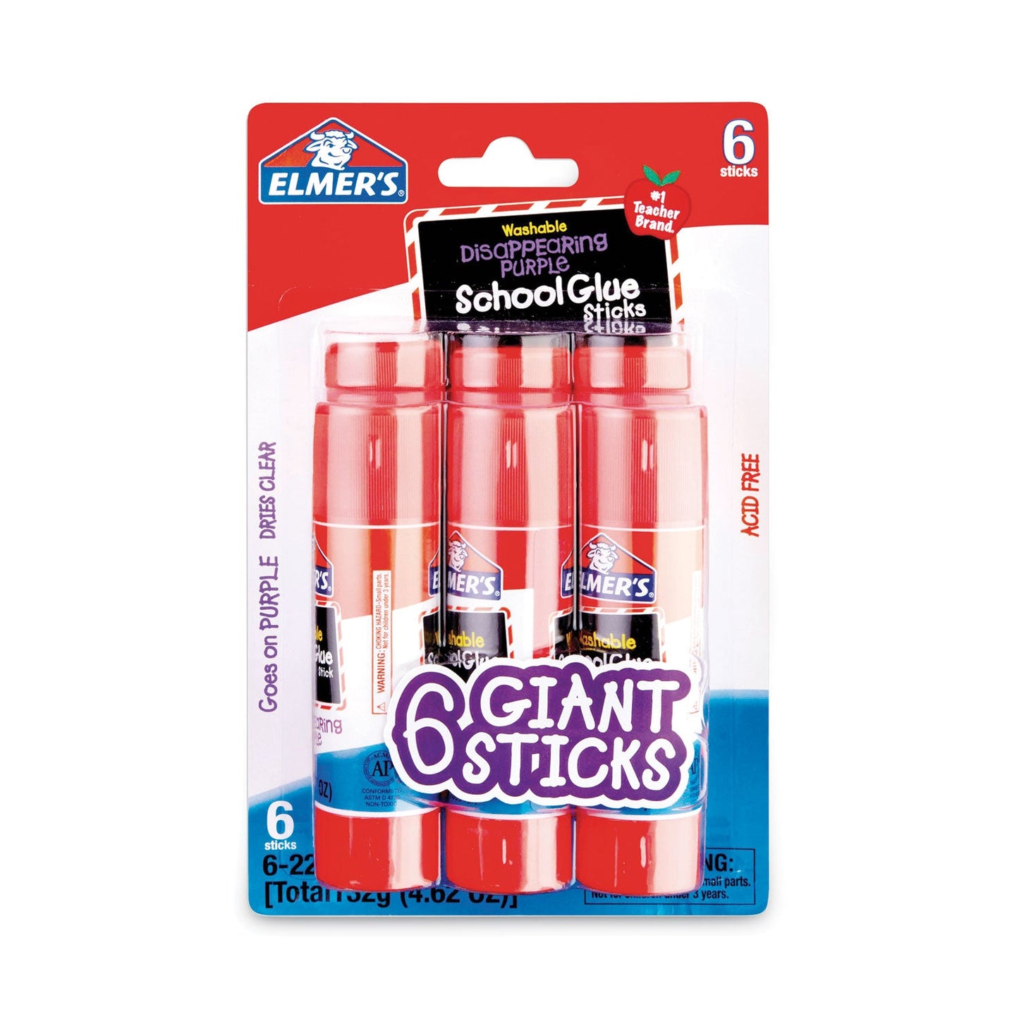 Elmer's® School Glue Stick, 0.77 oz, Applies Purple, Dries Clear, 6/Pack (EPIE578)