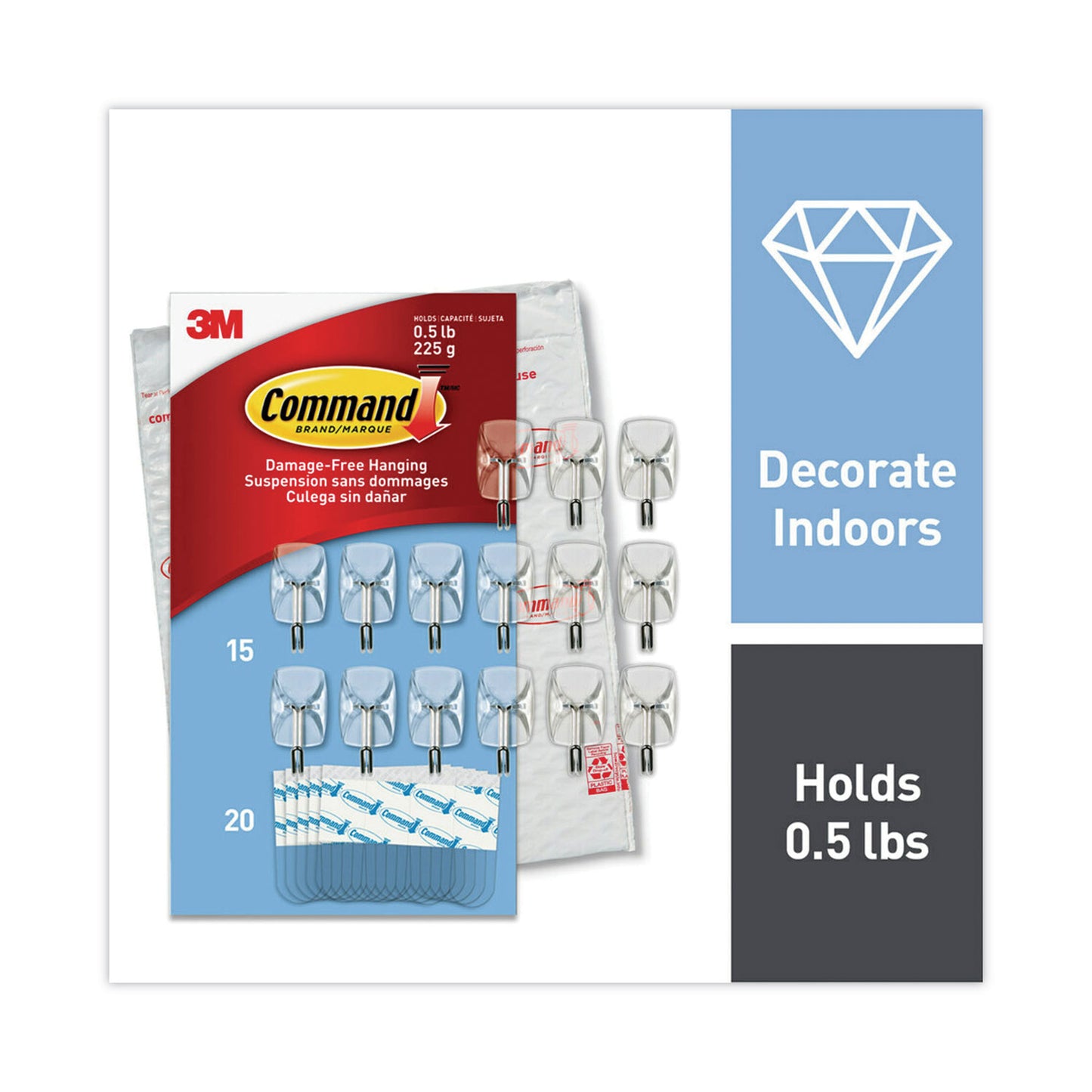Command™ Small Wire Hooks, Small, Plastic/Metal, Clear, 0.5 lb Capacity, Clear, 15 Hooks and 20 Strips/Pack (MMM17067CLR15NA)