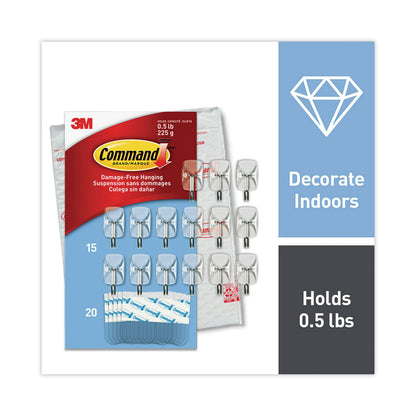 Command™ Small Wire Hooks, Small, Plastic/Metal, Clear, 0.5 lb Capacity, Clear, 15 Hooks and 20 Strips/Pack (MMM17067CLR15NA)