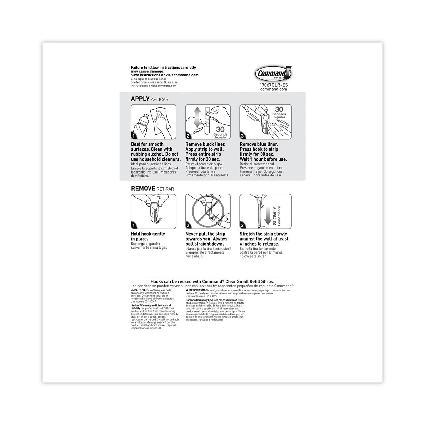 Command™ Small Wire Hooks, Small, Plastic/Metal, Clear, 0.5 lb Capacity, Clear, 15 Hooks and 20 Strips/Pack (MMM17067CLR15NA)