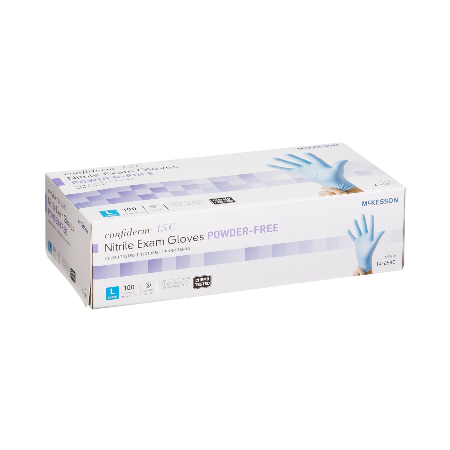 McKesson Confiderm® 4.5C Exam Glove Large NonSterile Nitrile Standard Cuff Length Textured Fingertips Blue Chemo Tested (921604_CS)