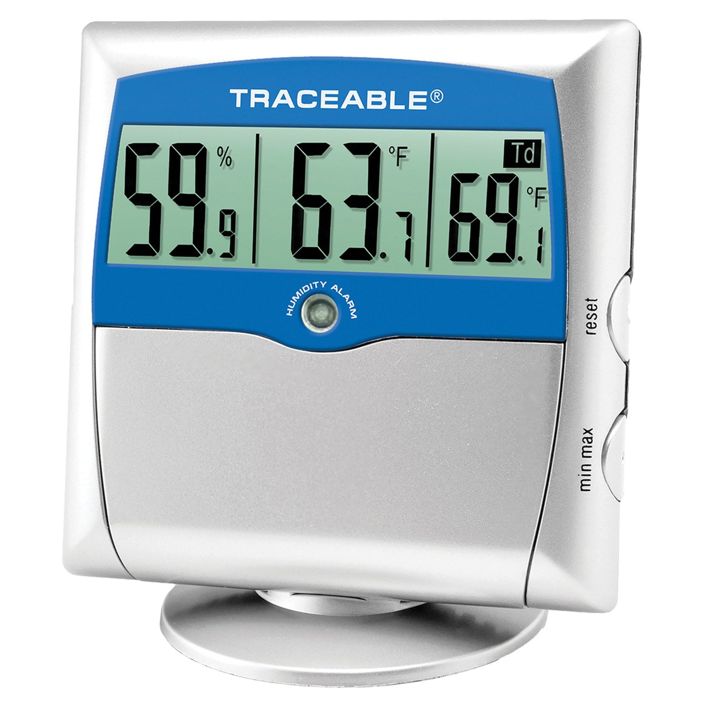Traceable® Digital Thermometer / Hygrometer with Alarm Fahrenheit / Celsius 14° to 140°F (-10° to +60°C) Solid State Sensors Free-standing / Wall Mount Battery Operated (909455_EA)