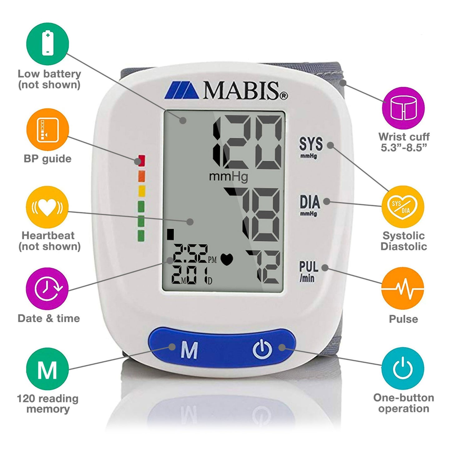 MABIS® Digital Blood Pressure Monitor Adult Cuff Cloth Fabric Cuff 5.3 to 8.5 inches Mobile (1237844_EA)