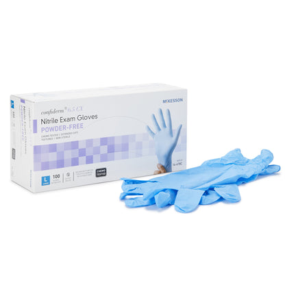 McKesson Confiderm® 6.5CX Exam Glove Large NonSterile Nitrile Extended Cuff Length Textured Fingertips Blue Chemo Tested (921608_BX)