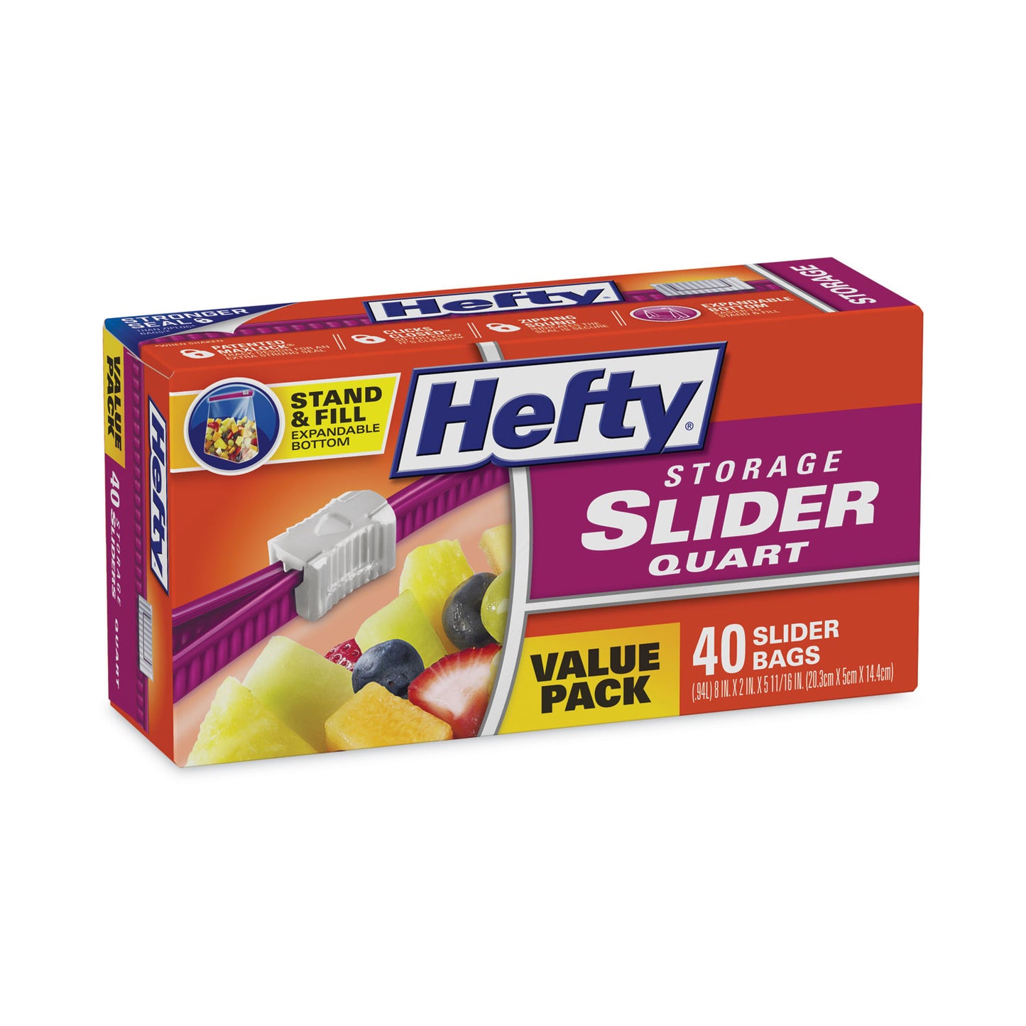 Hefty® Slider Stand and Fill Food Storage Bags, Quart, 8" x 7", Clear, 40/Box (RFPR88075)