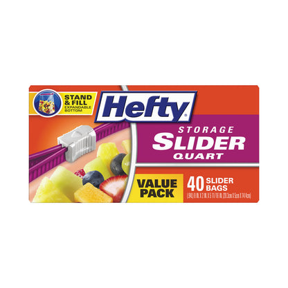 Hefty® Slider Stand and Fill Food Storage Bags, Quart, 8" x 7", Clear, 40 Bags/Box, 9 Boxes/Carton (RFPR88075CT)