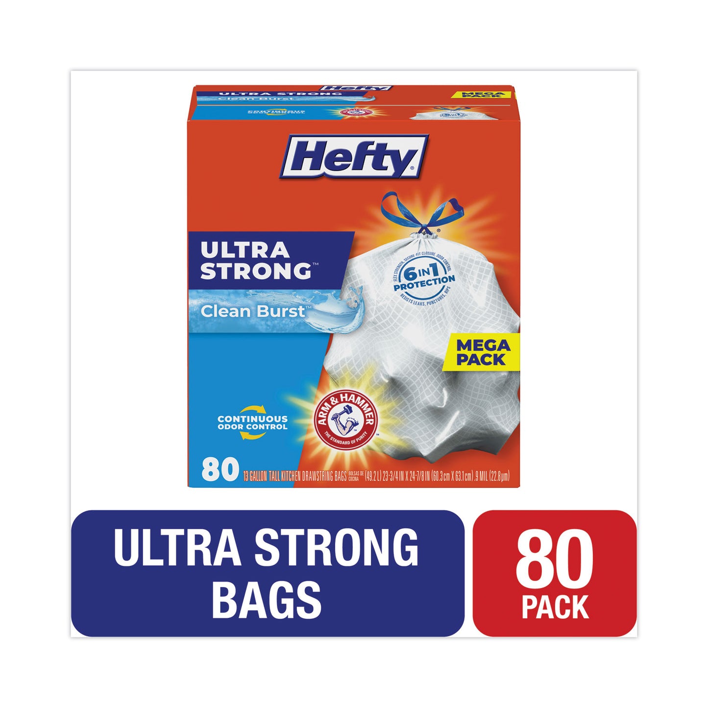 Hefty® Extra Heavy-Duty Ultra Strong Scented Tall Kitchen Bags, Drawstring, 13 gal, Clean Burst, 23.75" x 24.88", White, 80/Box (PCTE88356)