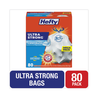 Hefty® Extra Heavy-Duty Ultra Strong Scented Tall Kitchen Bags, Drawstring, 13 gal, Clean Burst, 23.75" x 24.88", White, 80/Box (PCTE88356)