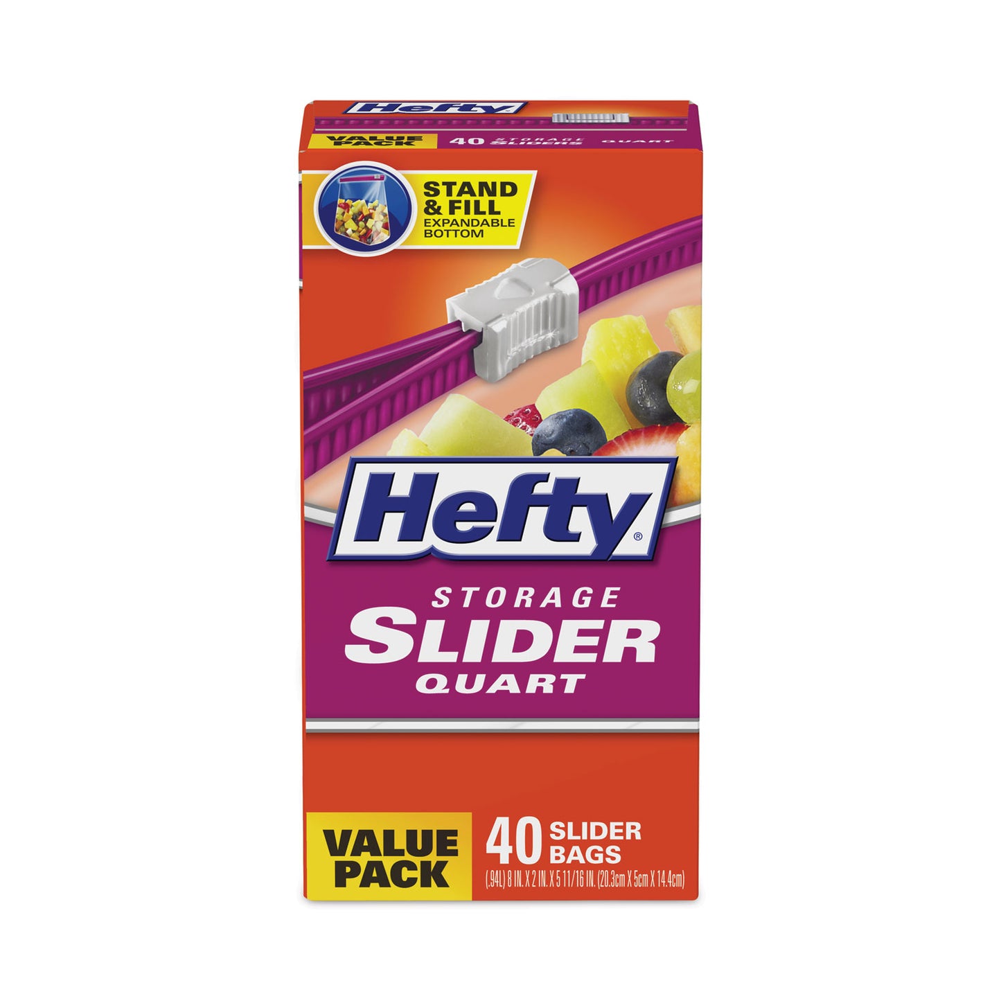 Hefty® Slider Stand and Fill Food Storage Bags, Quart, 8" x 7", Clear, 40 Bags/Box, 9 Boxes/Carton (RFPR88075CT)