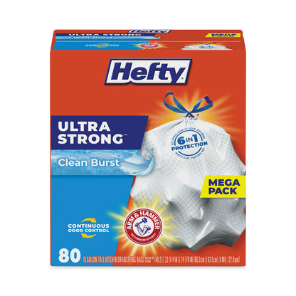 Hefty® Extra Heavy-Duty Ultra Strong Scented Tall Kitchen Bags, Drawstring, 13 gal, Clean Burst, 23.75" x 24.88", White, 80/Box (PCTE88356)