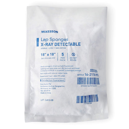 McKesson Surgical Laparotomy Sponge X-Ray Detectable Cotton 18 X 18 Inch 5 Count Soft Pack Sterile (291446_PK)