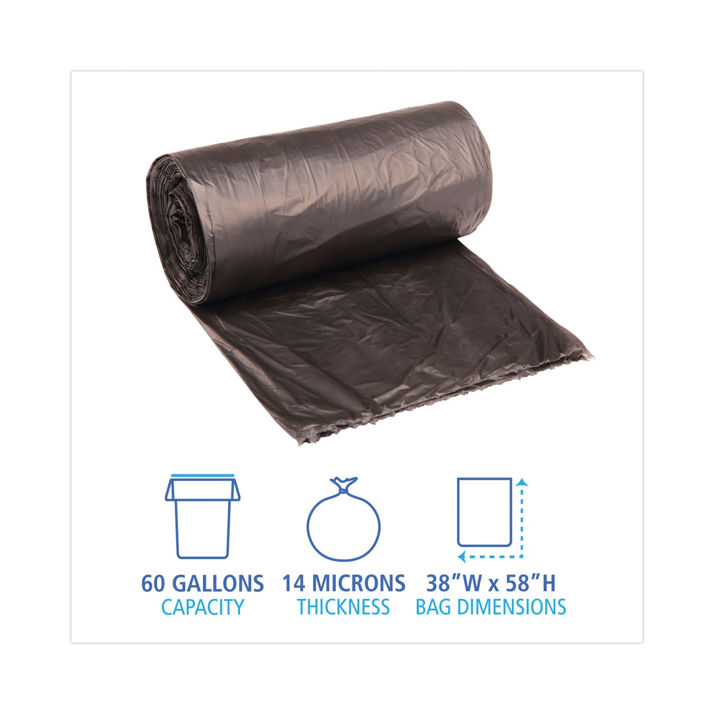 Boardwalk® High-Density Can Liners, 60 gal, 14 mic, 38" x 58", Black, Perforated Roll, 25 Bags/Roll, 8 Rolls/Carton (BWK385814K)