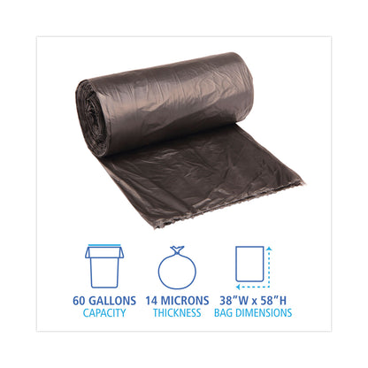 Boardwalk® High-Density Can Liners, 60 gal, 14 mic, 38" x 58", Black, Perforated Roll, 25 Bags/Roll, 8 Rolls/Carton (BWK385814K)