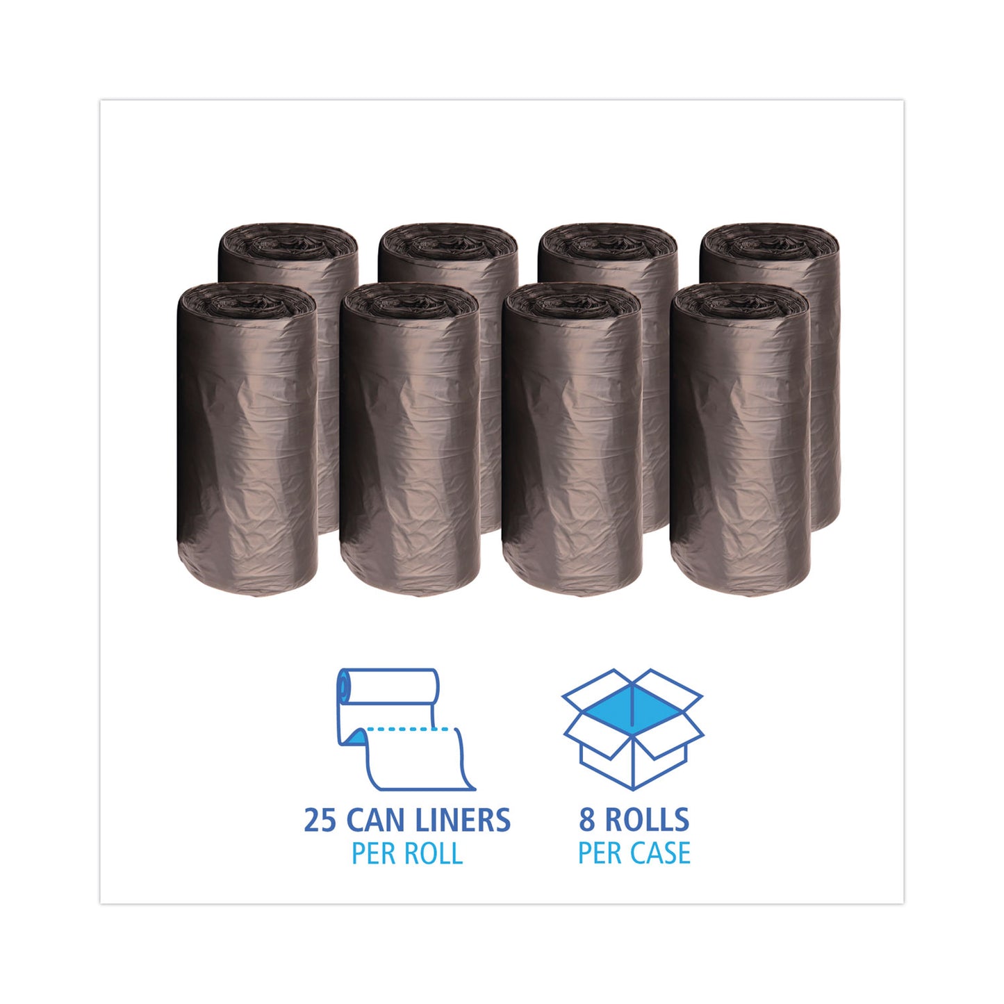 Boardwalk® High-Density Can Liners, 60 gal, 14 mic, 38" x 58", Black, Perforated Roll, 25 Bags/Roll, 8 Rolls/Carton (BWK385814K)