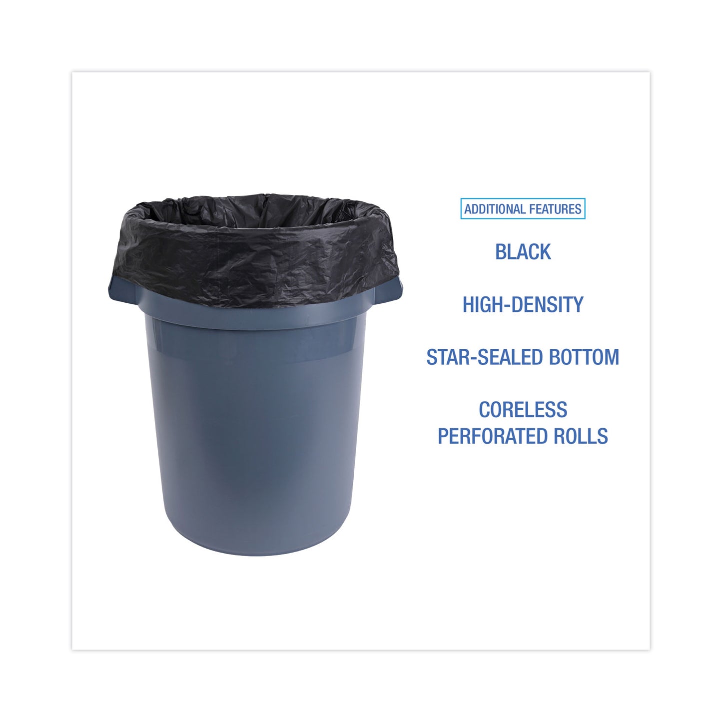 Boardwalk® High-Density Can Liners, 60 gal, 14 mic, 38" x 58", Black, Perforated Roll, 25 Bags/Roll, 8 Rolls/Carton (BWK385814K)