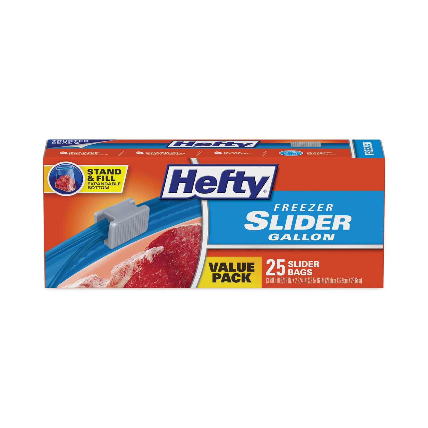 Hefty® Slider Stand and Fill Freezer Storage Bags, 1 gal, 10.56" x 11", Clear, 25 Bags/Box, 9 Boxes/Carton (RFPR88073CT)