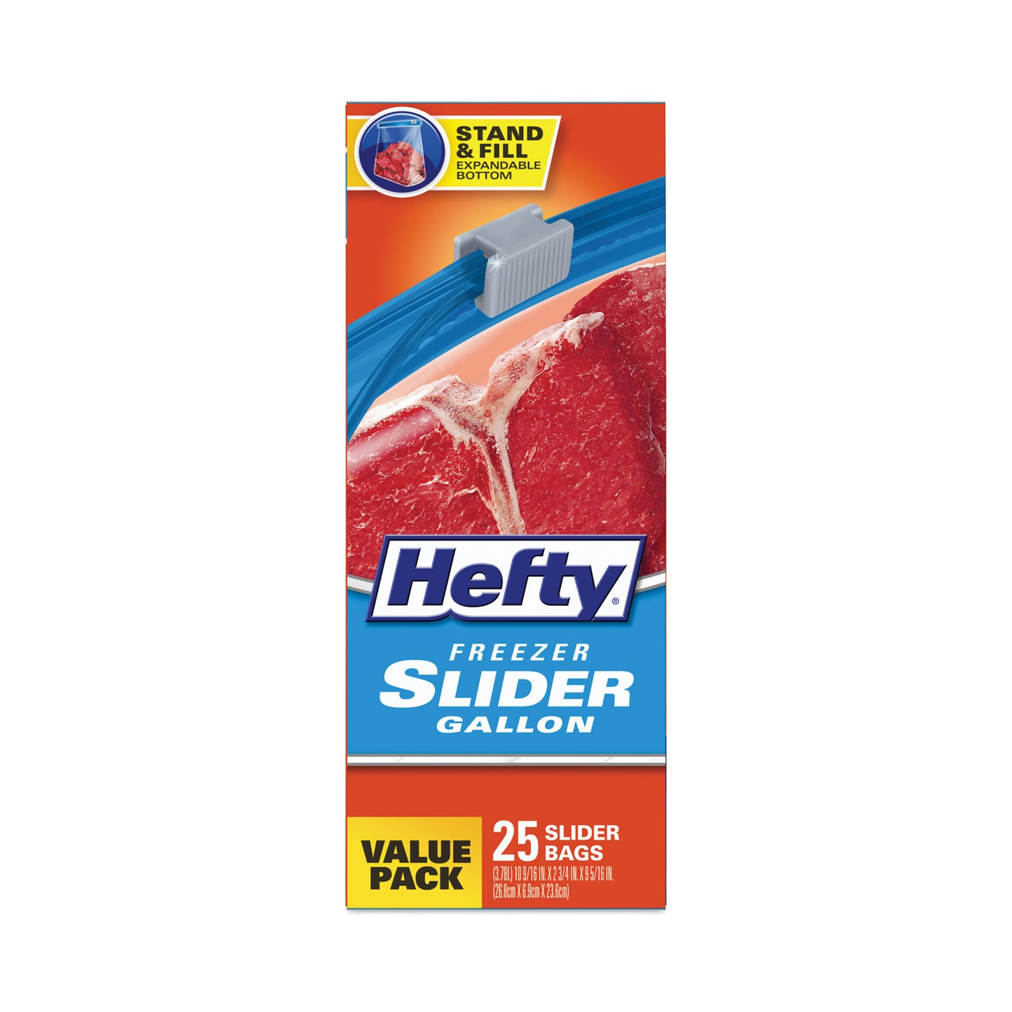 Hefty® Slider Stand and Fill Freezer Storage Bags, 1 gal, 10.56" x 11", Clear, 25 Bags/Box, 9 Boxes/Carton (RFPR88073CT)
