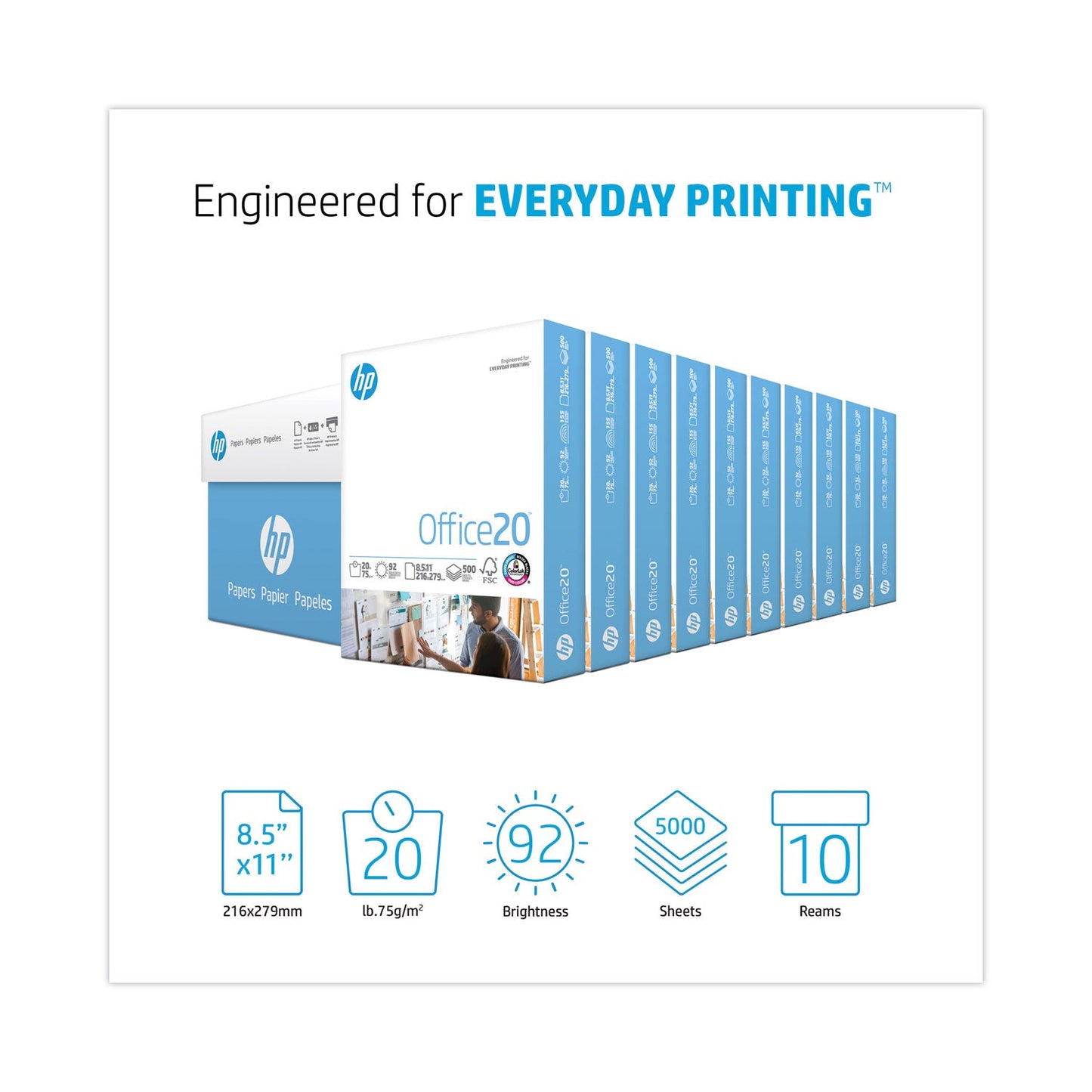 HP Papers Office20 Paper, 92 Bright, 20 lb Bond Weight, 8.5 x 11, White, 500 Sheets/Ream, 10 Reams/Carton (HEW112101)