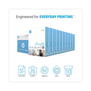 HP Papers Office20 Paper, 92 Bright, 20 lb Bond Weight, 8.5 x 11, White, 500 Sheets/Ream, 10 Reams/Carton (HEW112101)