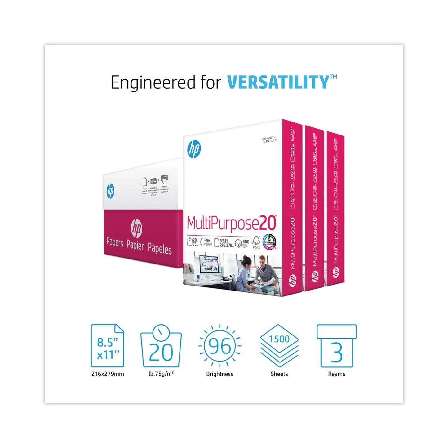 HP Papers MultiPurpose20 Paper, 96 Bright, 20 lb Bond Weight, 8.5 x 11, White, 500 Sheets/Ream, 3 Reams/Carton (HEW112530)