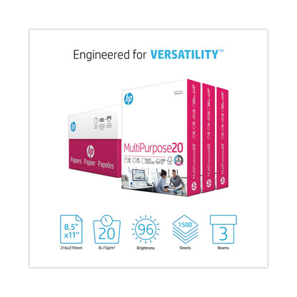 HP Papers MultiPurpose20 Paper, 96 Bright, 20 lb Bond Weight, 8.5 x 11, White, 500 Sheets/Ream, 3 Reams/Carton (HEW112530)