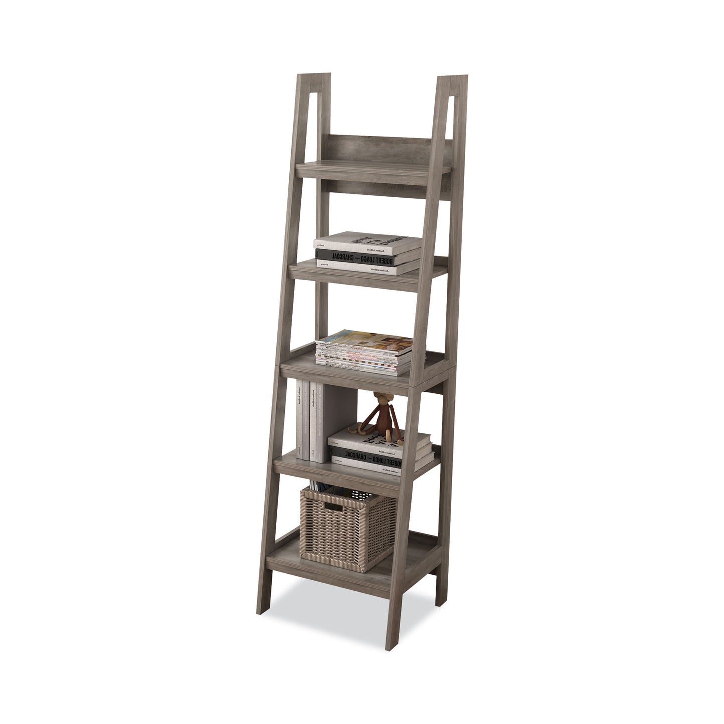 Homenations Barrington Ladder Bookcase, Five-Shelf, 20.5w x 18d x 72h, Washed Gray (EYGSHOF2621)