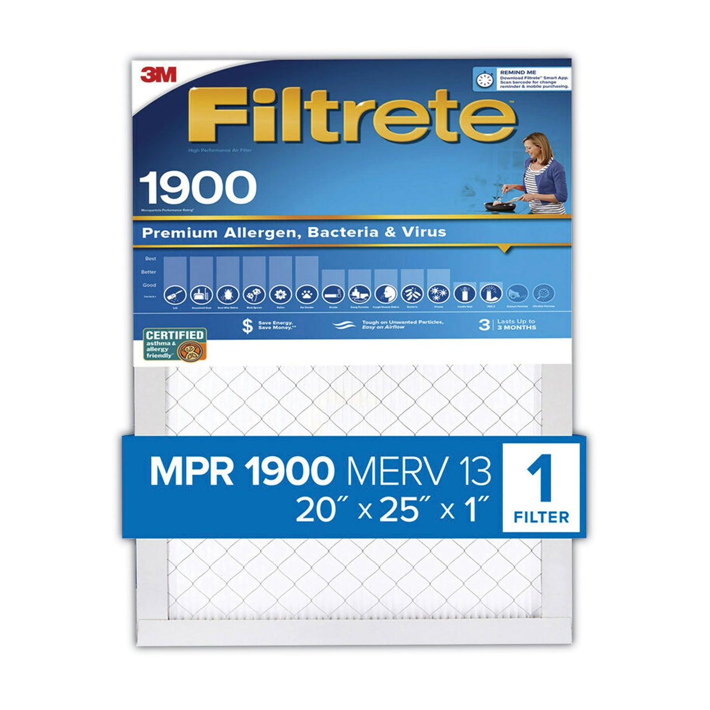 Filtrete™ Premium Allergen, Bacteria and Virus Air Filter, MERV 13, MPR 1900, 20 x 25 (MMM7100222948)