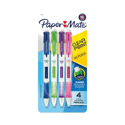 Paper Mate® Clear Point Mechanical Pencil, 0.7 mm, HB (#2), Black Lead, Assorted Barrel Colors, 4/Pack (PAP2087147)