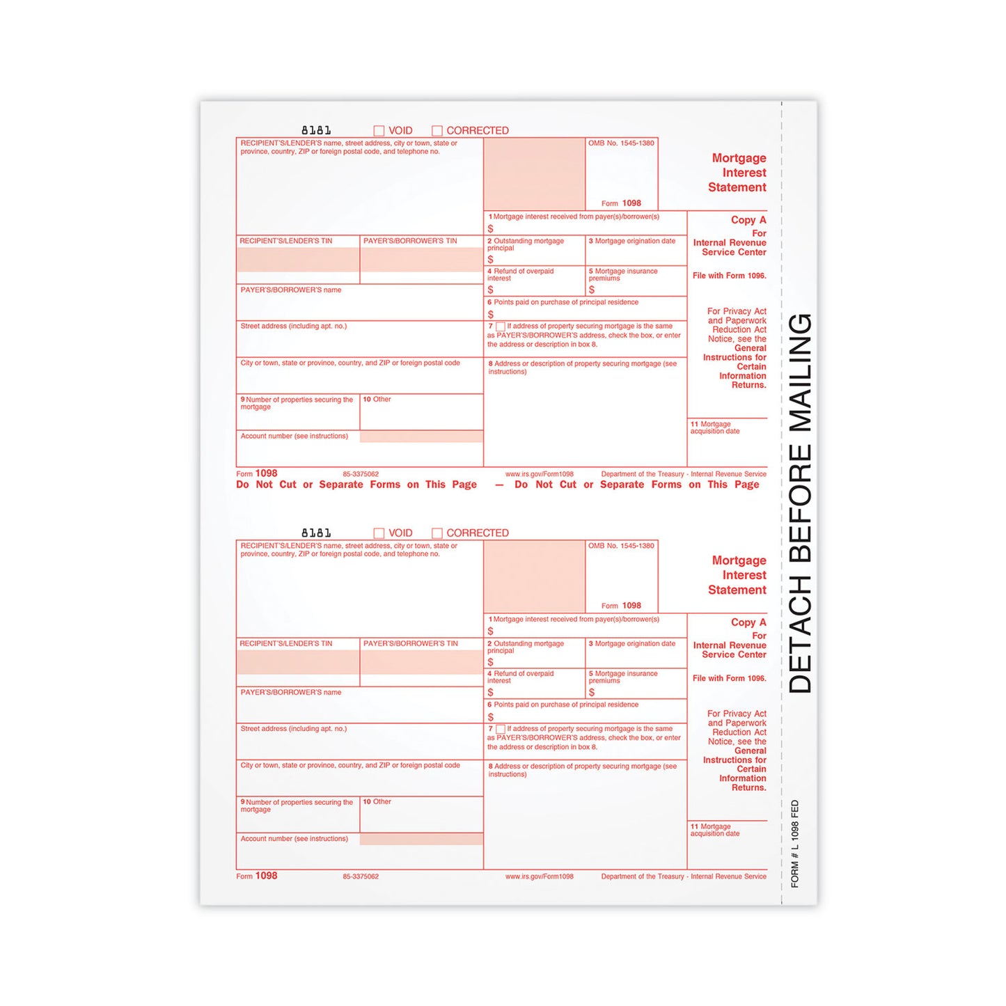 TOPS™ 1098 Mortgage Interest Tax Form, Fiscal Year: 2021, One-Part (No Copies), 8 x 5.5, 2 Forms/Sheet, 50 Forms Total (TOPL1098FEDS)