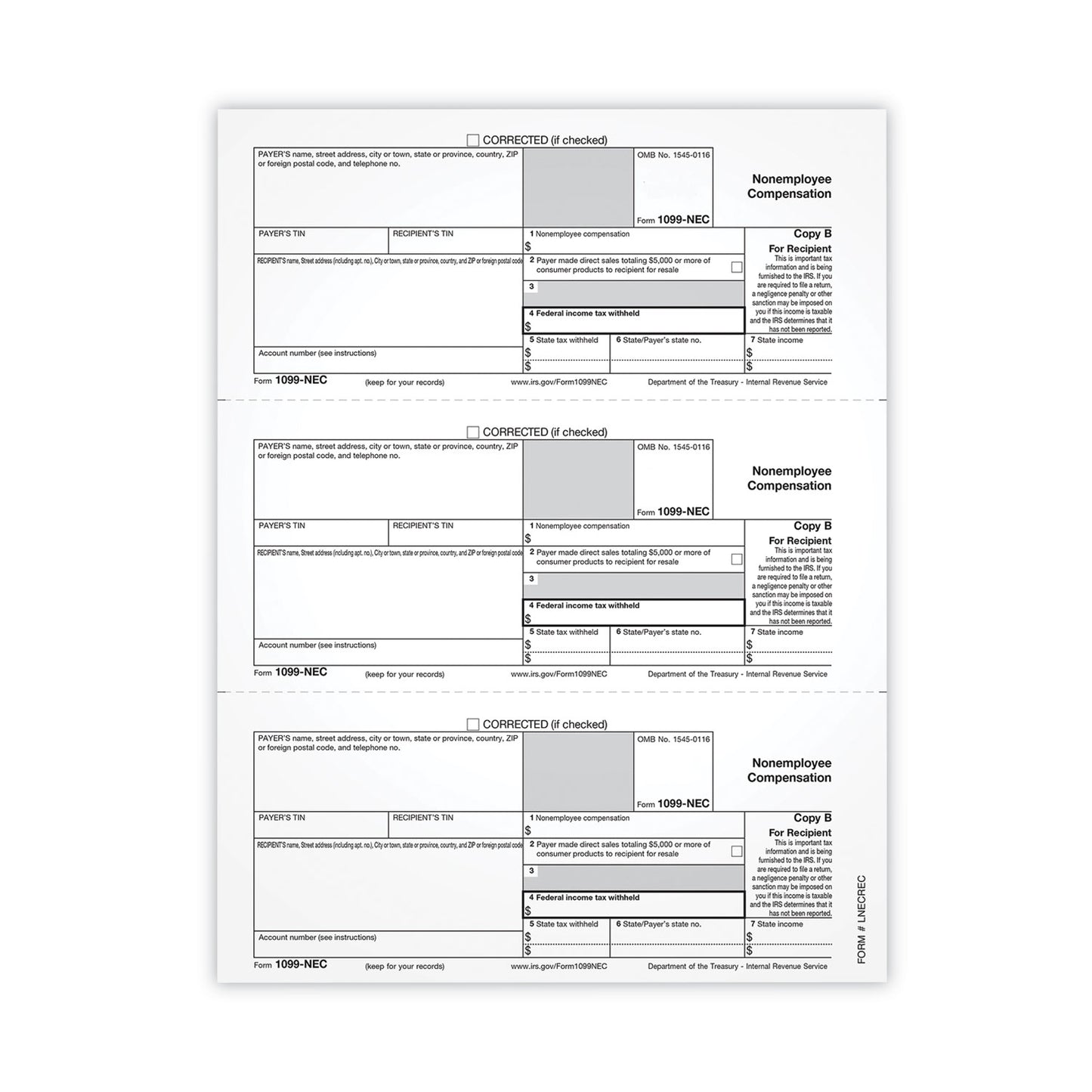 TOPS™ 1099-NEC Tax Forms, Fiscal Year: 2021, One-Part (No Copies), 8.5 x 3.67, 3 Forms/Sheet, 50 Forms Total (TOPLNECRECS)