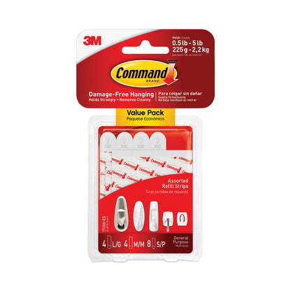 Command™ Damage-Free Hanging Indoor Refill Strips, (8) Small (0.63" x 1.81"), (4) Med (0.63" x 2.75"), (4) Large (0.75" x 3.65"),White (MMM17200)