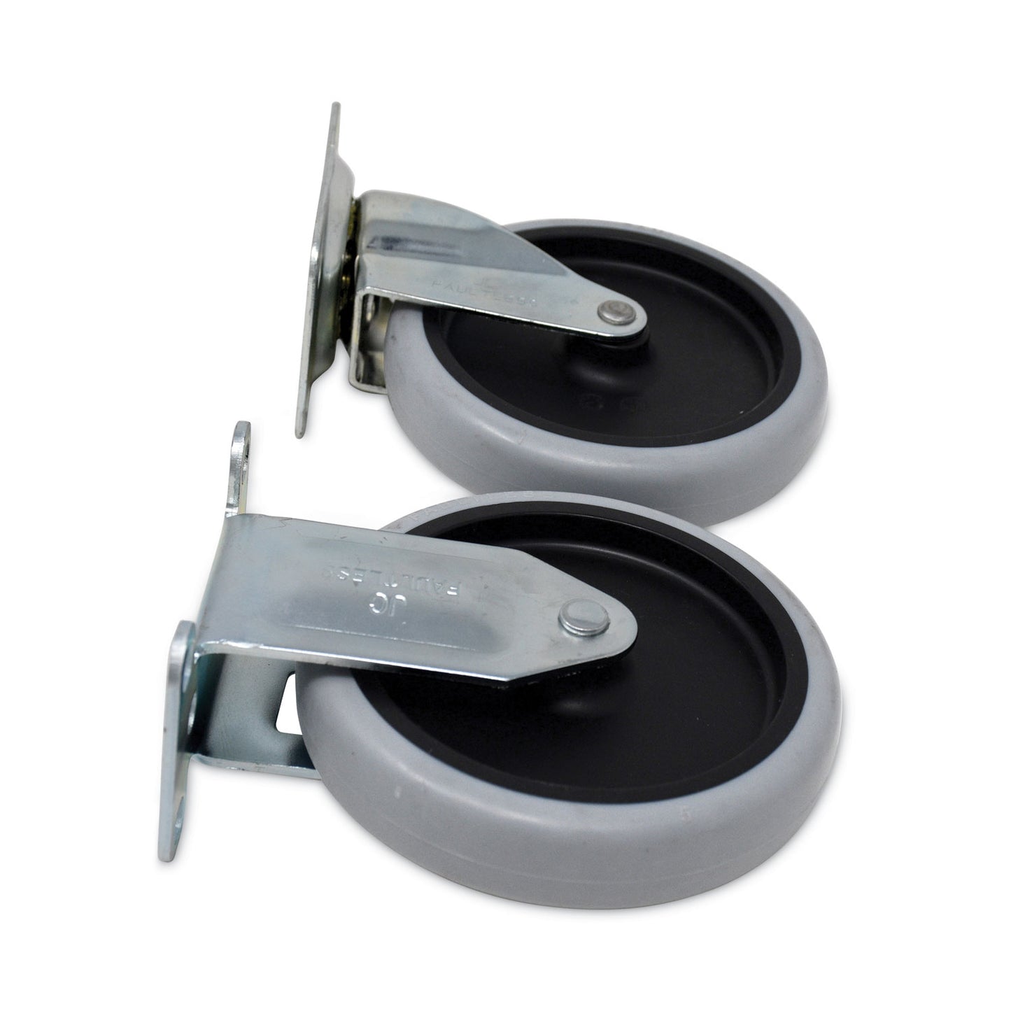 Rubbermaid® Commercial Replacement Plate Casters, (2) Rigid Mount Plate, (2) Swivel Mount Plate, 5" Soft Rubber Wheel, Gray, 4/Set (SGSFG9T66L10000)