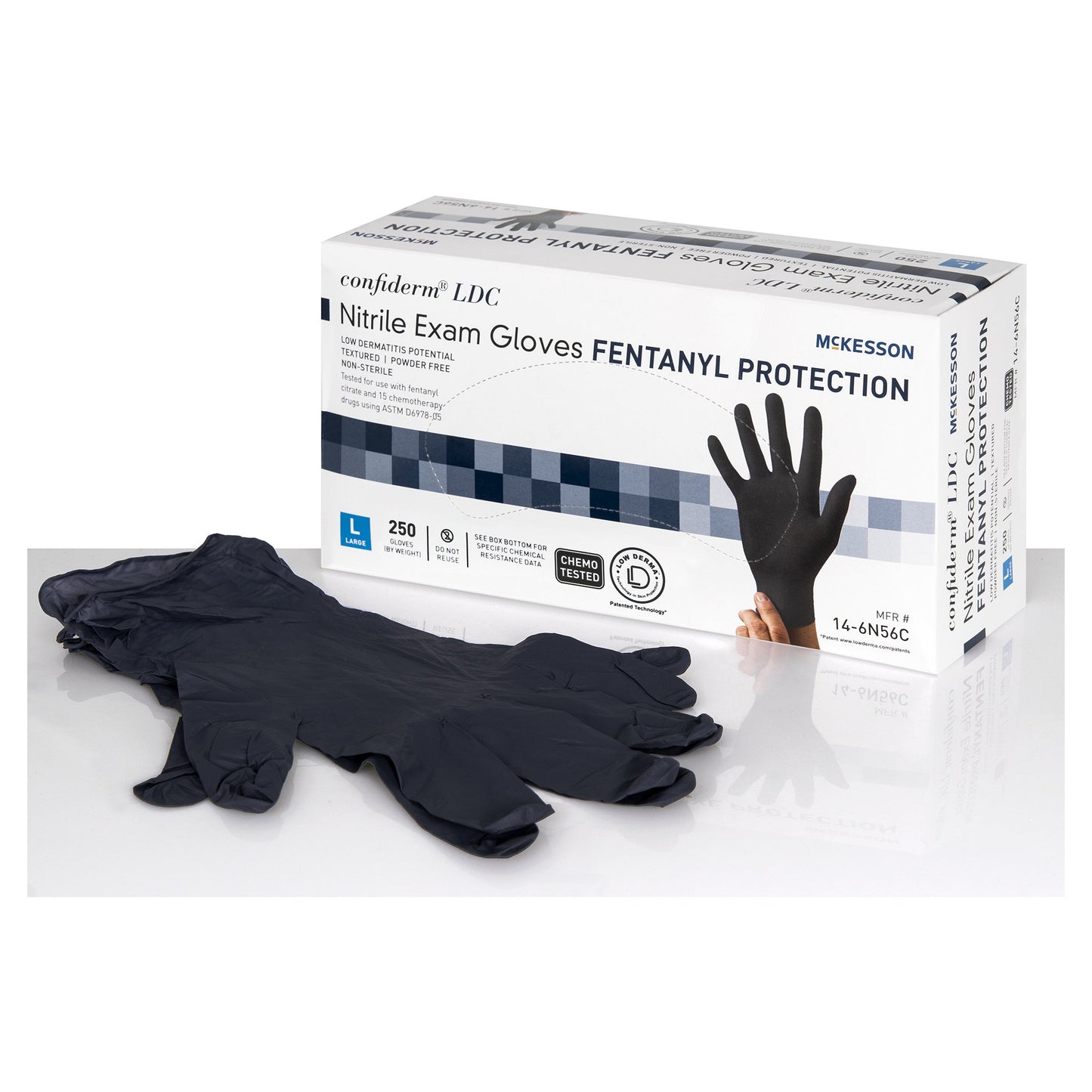 McKesson Confiderm® LDC Exam Glove Large NonSterile Nitrile Standard Cuff Length Fully Textured Black Chemo Tested / Fentanyl Tested (1159335_BX)