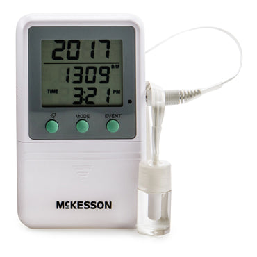 McKesson Digital Refrigerator / Freezer Thermometer with Alarm Fahrenheit / Celsius -58° to +158°F (-50° to +70°C) Glycol Bottle Probe Multiple Mounting Options Battery Operated (1074438_EA)