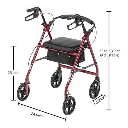McKesson 4 Wheel Rollator Red Adjustable Height Aluminum Frame (1205410_CS)