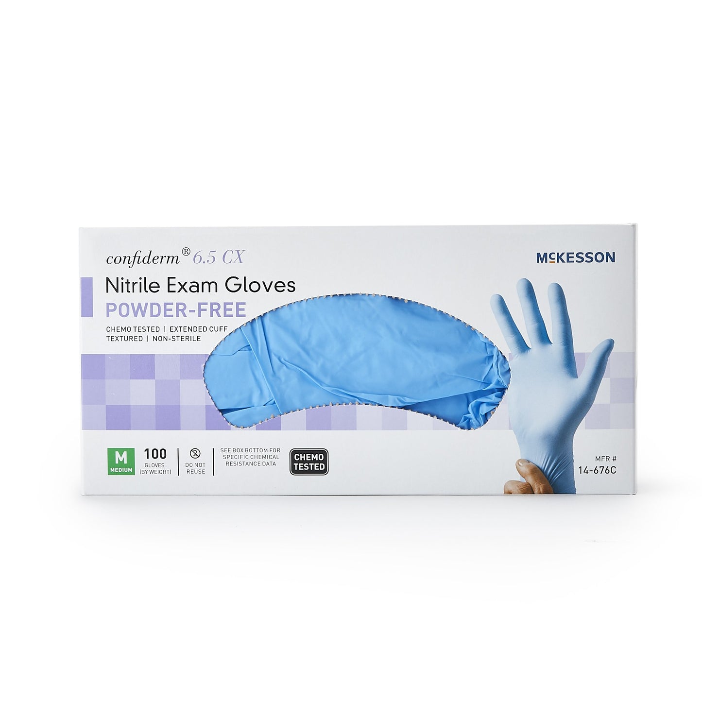 McKesson Confiderm® 6.5CX Exam Glove Medium NonSterile Nitrile Extended Cuff Length Textured Fingertips Blue Chemo Tested (921607_CS)