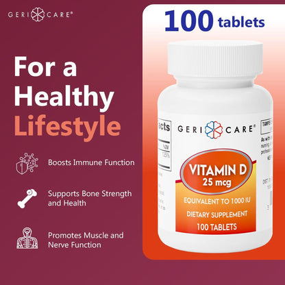 Geri-Care® Vitamin Supplement Vitamin D3 1,000 IU Strength Tablet 100 per Bottle (866980_CS)