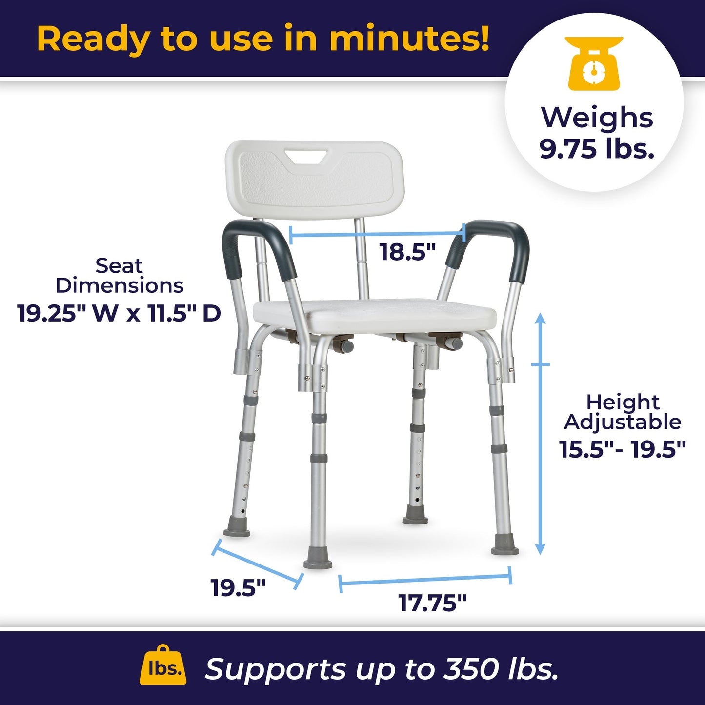 drive™ Bath Bench Padded Removable Arms Aluminum Frame With Backrest 16 Inch Seat Width 300 lbs. Weight Capacity (1032859_EA)