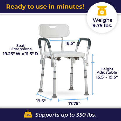 drive™ Bath Bench Padded Removable Arms Aluminum Frame With Backrest 16 Inch Seat Width 300 lbs. Weight Capacity (1032859_EA)
