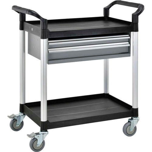 Global Industrial Utility Cart, 2 Shelves, 2 Drawers, 440 lb. Cap, 26"L x 17"W x 37"H, Black (WB800271)