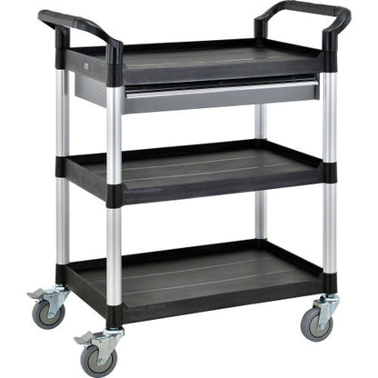 Global Industrial Utility Cart, 3 Shelves, 1 Drawer, 440 lb. Cap, 26"L x 17"W x 39"H, Black (WB800272)