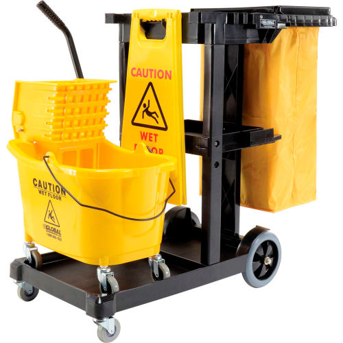 Global Industrial Janitor Cart Black with Mop Bucket and Wet Floor Sign (WB800308)