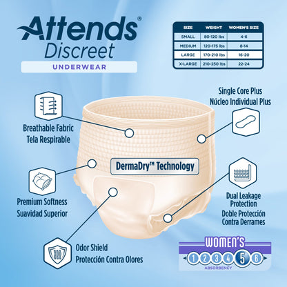Attends® Discreet Female Adult Absorbent Underwear Pull On with Tear Away Seams Large Disposable Heavy Absorbency (1039111_BG)