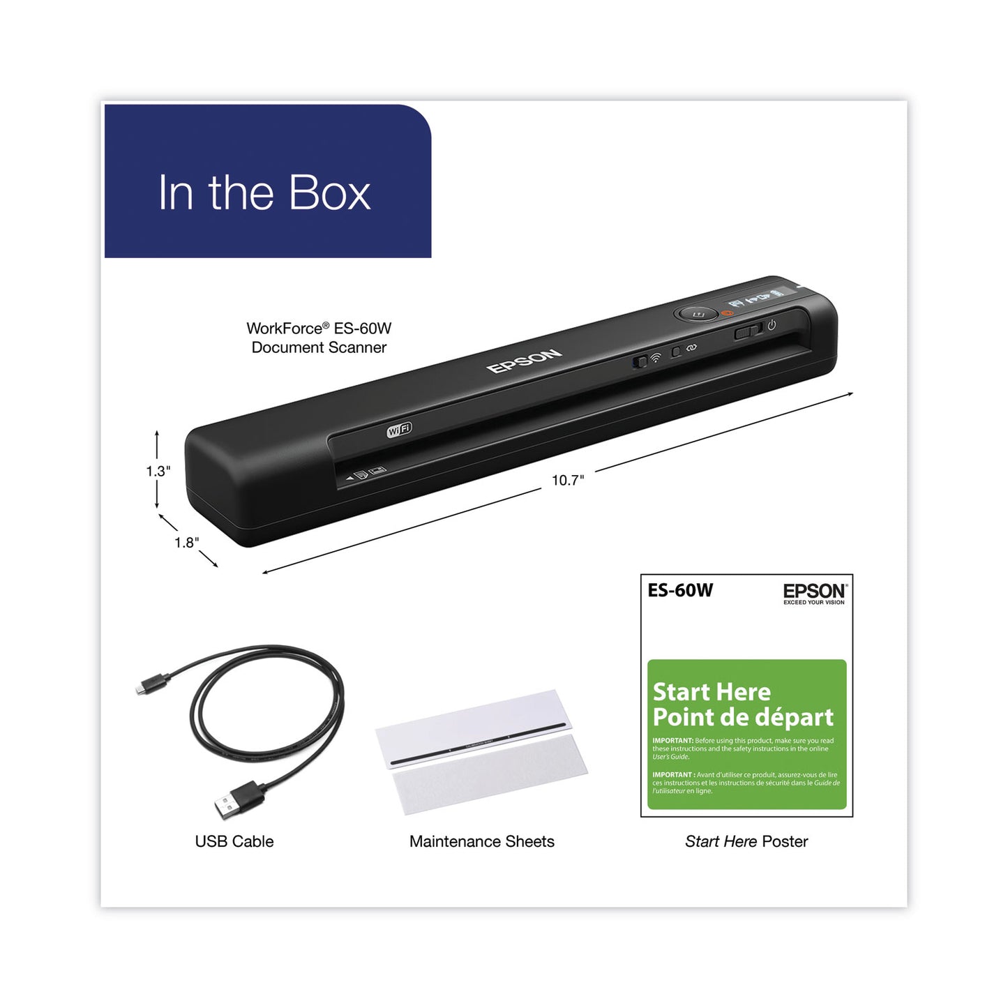 Epson® WorkForce ES-60W Wireless Scanner, Scans Up to 8.5 x 72, 600 dpi Optical Resolution (EPSB11B253201SP)