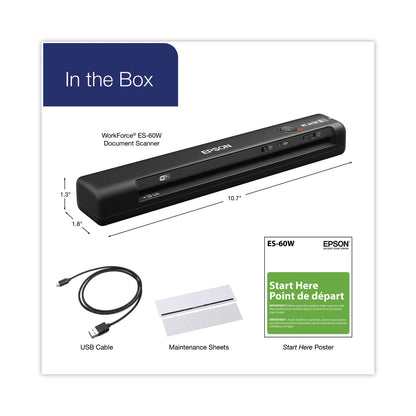 Epson® WorkForce ES-60W Wireless Scanner, Scans Up to 8.5 x 72, 600 dpi Optical Resolution (EPSB11B253201SP)